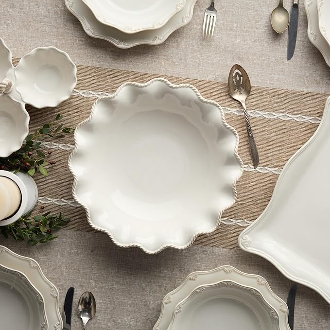 Heritage Scroll 13" Stoneware Serving Bowl – Elegant 80 oz Ivory Bowl with Embossed Scalloped Rim – Classic Ceramic Serveware for Salads, Pasta, or Holiday Sides