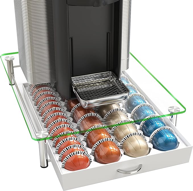 DecoBrothers Crystal Tempered Glass Vertuo Pod Holder Drawer, 28 Large or 56 Small Nespresso Capsule Organizer, White