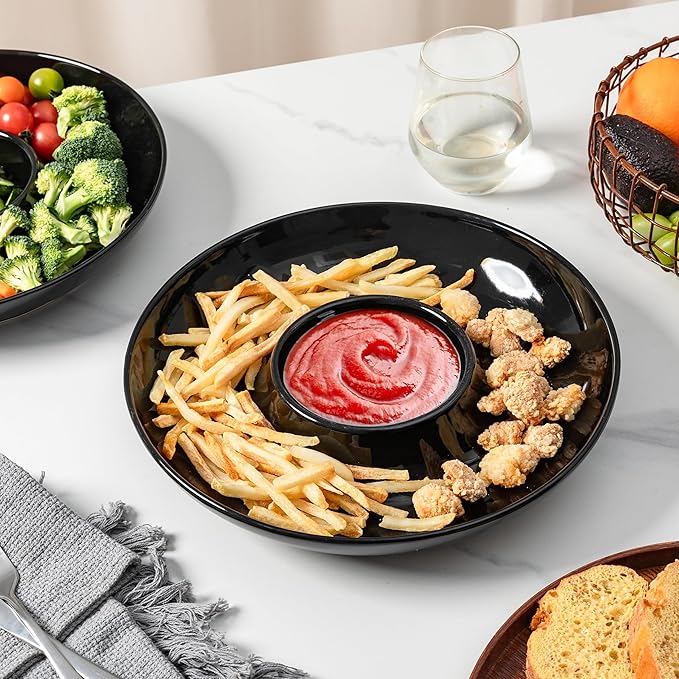 LEHAHA Ceramic Chip and Dip Serving Set, 12 Inch Large Divided Bowls Set for Salsa, Veggies, Dip, Appetizers, Snacks, Candy, Fruits-Relish Trays for Parties and Entertaining, Black