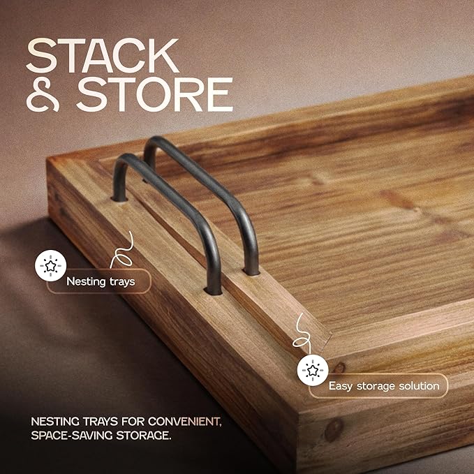 Besti Rustic Vintage Food Serving Trays (Set of 2) | Nesting Wooden Board with Metal Handles | Stylish Farmhouse Decor Serving Platters | Large: 15 x2 x11 - Small: 13 x2 x9 inches (Rustic Burnt)