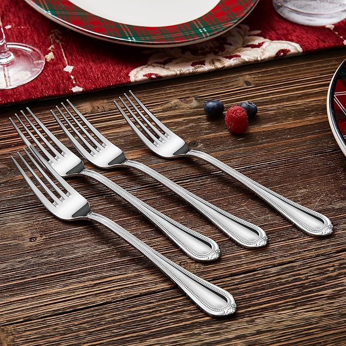 KEAWELL Pearl Edge 4-Piece Premium Fork Set, 18/10 Stainless Steel, Fine Silverware with Mirror Finish, Dishwasher Safe (4, 7.3" Salad Forks)