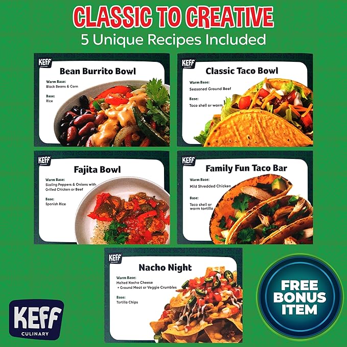 KEFF Taco Tuesday Kit - Taco Bar Serving Set for a Party, Lazy Susan Serving Dish 6 Sections, 4 Tacos Holder, Condiment Containers, Squeeze Bottles, Tongs, Recipes & Instructions - Tailgate Essentials