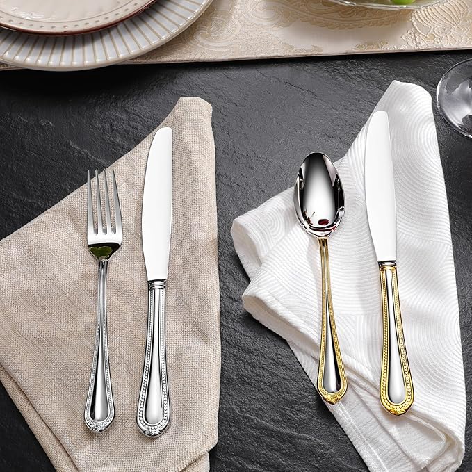 KEAWELL Pearl Edge 4-Piece Premium Spoon Set, 18/10 Stainless Steel, Fine Silverware Spoons with Refined Bead Design, Brightly Polished, Dishwasher Safe (Gold Accent, 6.3" Condiment Spoons)