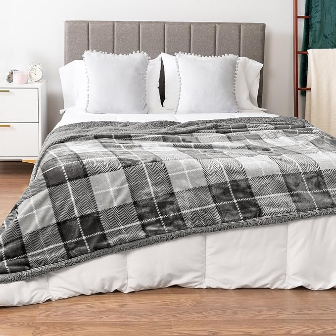 PAVILIA Light Grey Plaid Sherpa Throw Blanket for Couch, Plush Flannel Fleece, Soft Fuzzy Cabin for Sofa Bed, Warm Cozy Winter Gift, 50x60