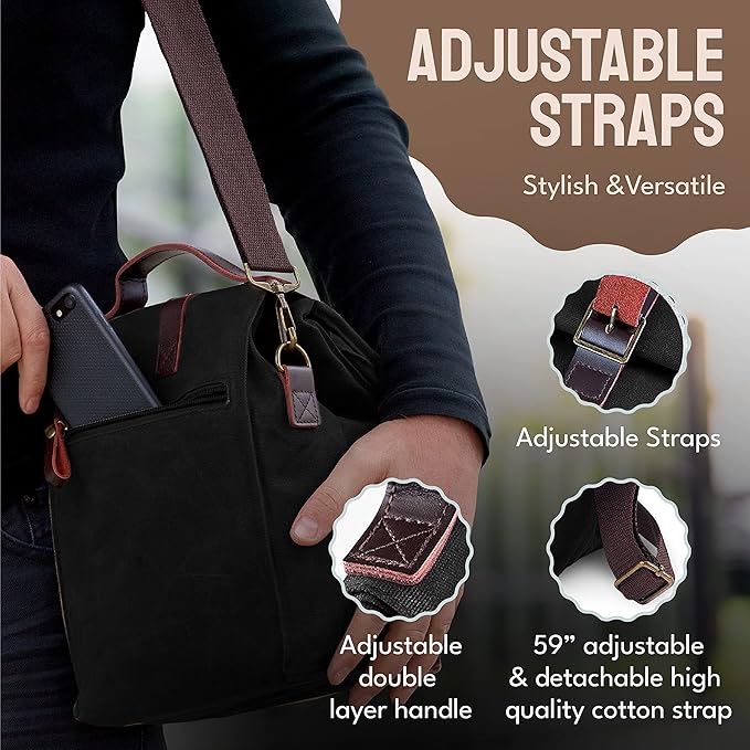 ASEBBO Insulated Lunch Bag for Women & Men - Reusable & Leak Proof Lunch Box Cooler Bag for Work, Beach, Travel for Adults with Shoulder Strap - Waxed Canvas (Black) - Reusable Bag