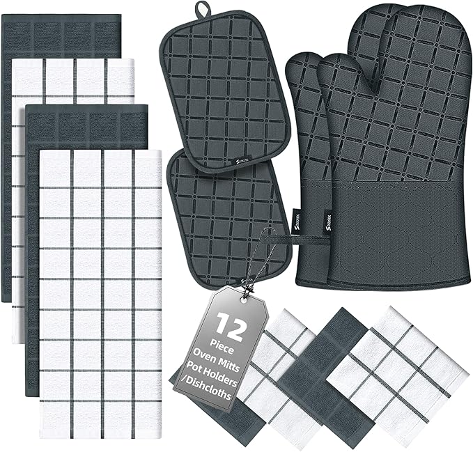 Oven Mitts Pot Holders Sets/Kitchen Towels and Dishcloths,Oven Gloves Kitchen Dish Towels 500 Degree Heat Resistant Potholders with Non-Slip Silicone Surface for Cooking,Grilling,Baking-Deep Green