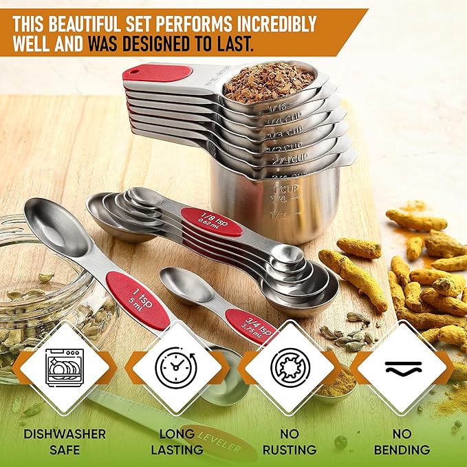 Spring Chef Magnetic Measuring Cups & Spoons Set, Patented, Strong N45 Magnets, Heavy Duty Stainless Steel Fits in Spice Jars for Baking & Cooking, BPA Free, Round Set of 15 with Leveler, Red