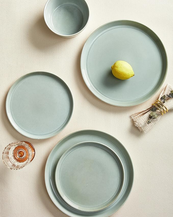 Pokini Dinnerware Sets for 8, Ceramic Plates and Bowls Set, Modern Artisan Dish Set, Microwave & Dishwasher Safe Dishware Set, Chip & Scratch Resistant Dinner Sets, Gradient Green