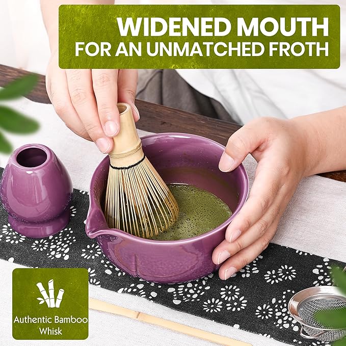 Matcha Whisk Set – 5 Piece Japanese Matcha Tea Set w/Ceramic Matcha Bowl, 100-Prong Bamboo Whisk & Holder, Scoop, & Stainless Sifter – Traditional Matcha Making Kit (Midnight Purple)