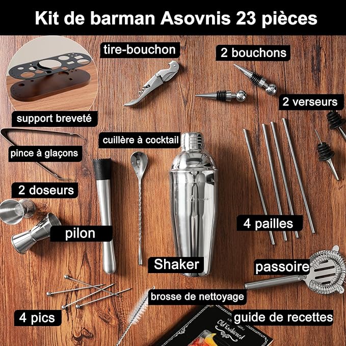 23-Piece Bartender Kit, Cocktail Shaker Set with Stand | Bar Set Drink Mixer Set with All Essential Bar Tools: Martini Shaker,Bar Mixer Spoon, Jigger, Strainer, Muddler, Pourers, for Home, Bar, Party