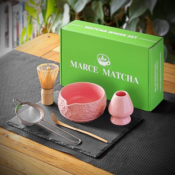 Matcha Whisk Set- Matcha Set includes Matcha Whisk and Bowl with Spout, Sifter, Holder and Scoop- The Perfect Bamboo Whisk for Matcha Tea (Rose Pink)