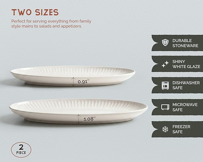 Serving Dishes, 12/14", Durable Ceramic Platters, Ribbed Rim, Oval, Microwave and Dishwasher Safe, Medium/Small, Set of 2, Powder White, Tidal Collection