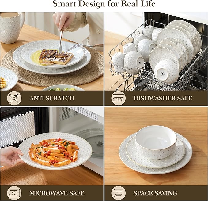 MALACASA 16 Pieces Dinnerware Sets, Modern Relief Design Plates and Bowls Sets, White Dish Set for 4, Kitchen Ceramic Dinner Plates Dishware Set, Microwave and Dishwasher Safe, Series LYDIA