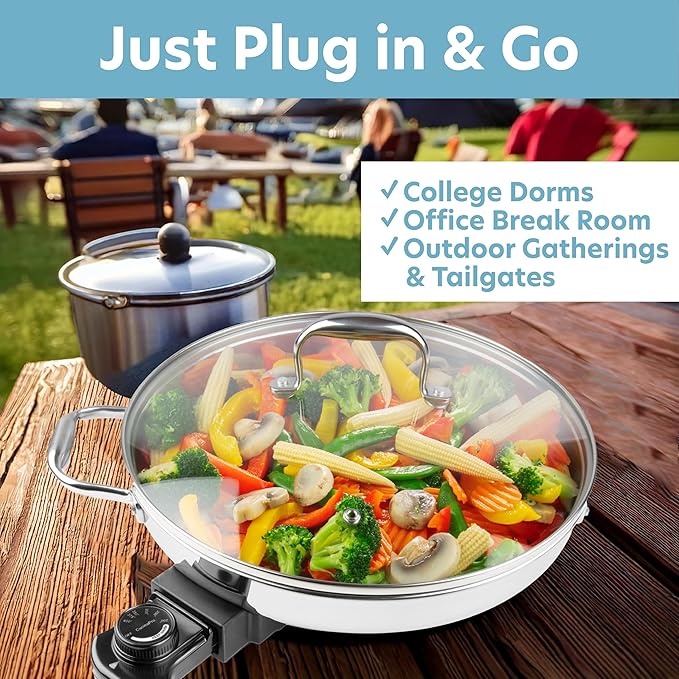 Electric Skillet By Cucina Pro - 18/10 Stainless Steel Frying Pan with Tempered Glass Lid and Handles, 12" Round, Adjustable Temperature Control Knob, Portable and Includes Recipe Guide, Great Gift
