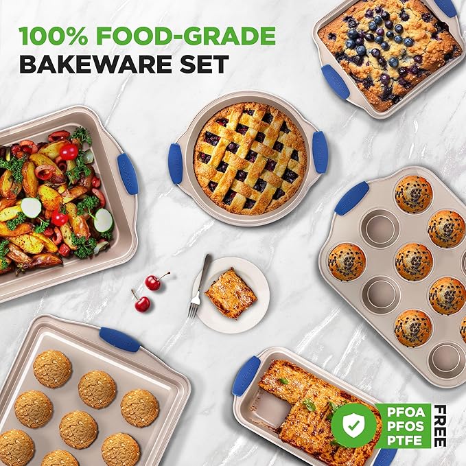 NutriChef 8-Piece Nonstick Bakeware Set - Heavy Duty Carbon Steel Baking Pans w/ Blue Silicone Handles - Pizza Crisper, Muffin & Loaf Pan, Round & Square Pans, Cookie Sheet - Champagne Gold