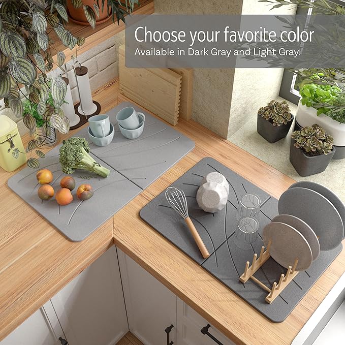 Large Stone Drying Mat with Bamboo Rack | 23.6” x 15.4” Diatomaceous Earth Collapsible Stone Dish Drying Mat | Quick Water Absorbing Foldable Dish Drying Stone for Kitchen Counter Racks (Light Gray)