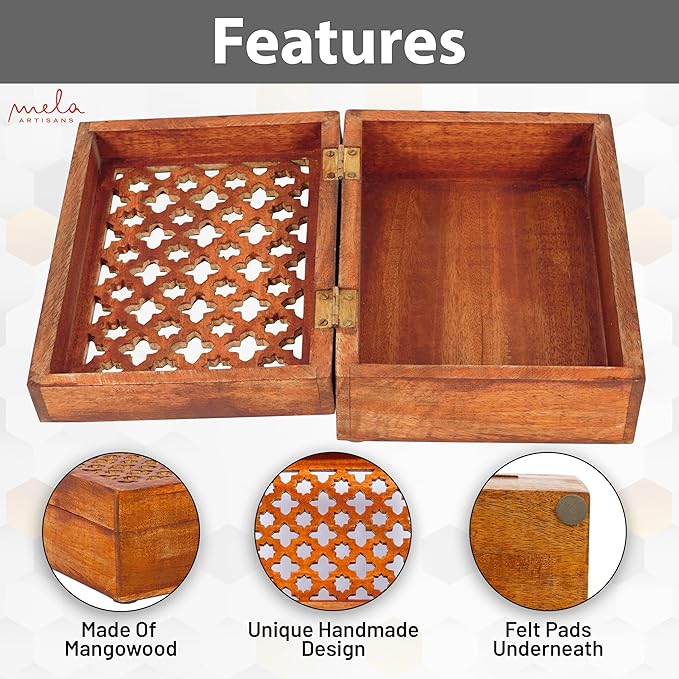 Mela Artisans Trellis Mango Wood Decorative Storage Box – Hand-Carved Wooden Jewelry Box for Keepsakes, Accessories & Home Decor – Medium Burnt, Large, 9 x 6 x 3.5