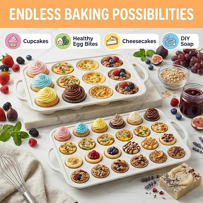 2-Pack Silicone Muffin Pan Set – Regular 12 Cup & Mini 24-Cup Silicone Muffin Pans for Baking – Nonstick Silicone Cupcake Pan with Metal-Reinforced Handles – BPA-Free, Dishwasher-Safe, Cream