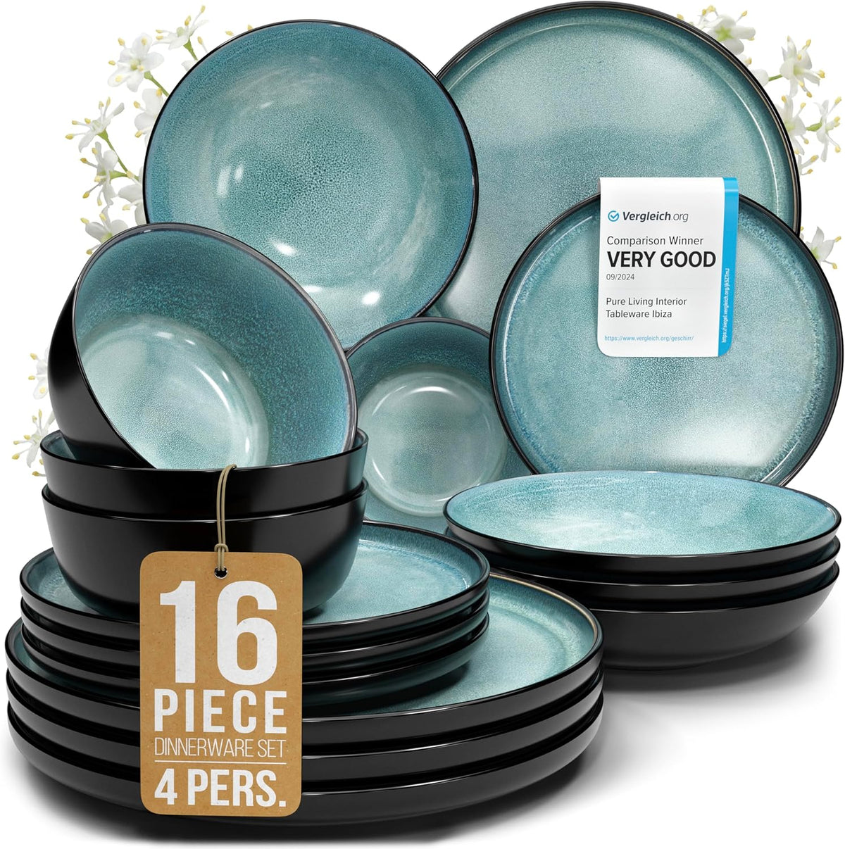 16 Piece Dinnerware Sets for 4 - Modern Style Stoneware Dinnerware Set - Scratch Resistant, Dishwasher Safe Plates and Bowls Sets Ceramic, Dish Set, Bowl and Plate Set - Black and Petrol Blue…
