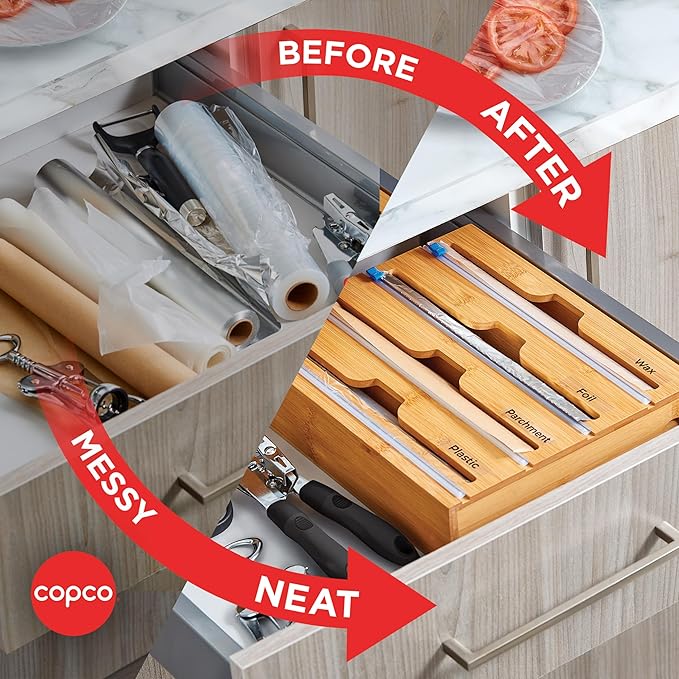 Copco In Drawer or Mounted 4 Compartment Organizer for Plastic, Foil, Wax and Parchment Paper featuring Easy Slide Tabs for Perfect Cut, With 21 Customizable Labels, Bamboo, 13.3 x 11 x 3 Inch