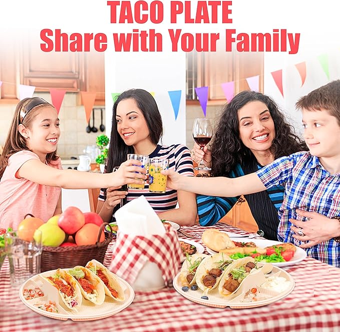Large Disposable Taco Plates With Dipping Sides - 20 Pack, Biodegradable Cornstarch Taco Holder, Big Size Fit 6-8 Inch Soft & Hard Tortilla, Sturdy & Microwave Safe, Bar Serving Set For A Party