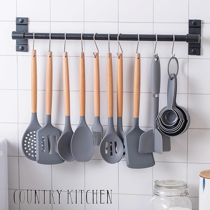 Country Kitchen Non Stick Silicone Utensil Set with Rounded Wood Handles for Cooking and Baking, 38 Piece Set, Gray