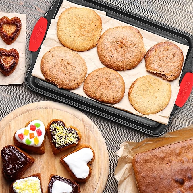 Nonstick Cookie Sheet Pan Carbon Steel Oven Tray Sheet Pan with Red Silicone Handles -Small Bakeware Pan Tray with Gray Coating Inside & Outside