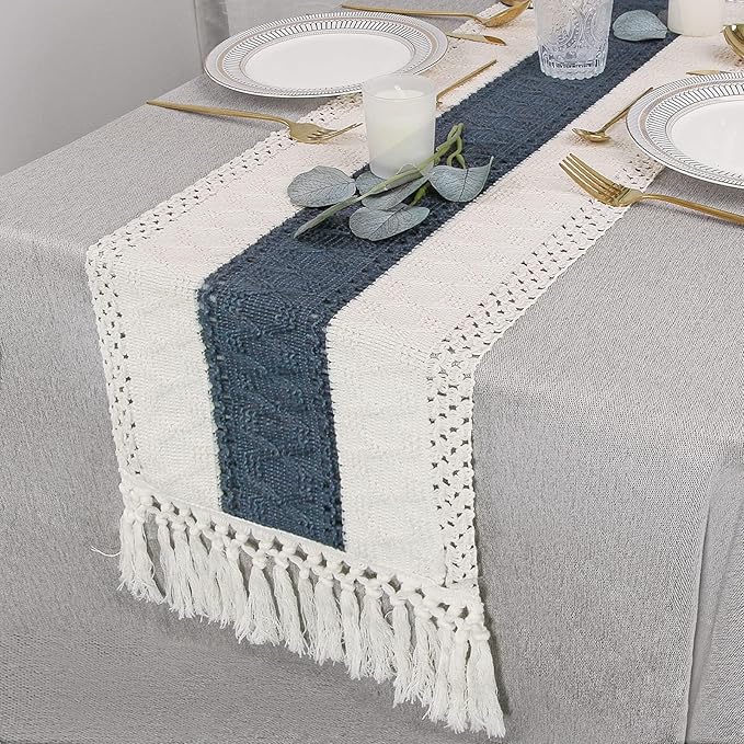 FEXIA Boho Table Runner 108 Inches Long for Home Decor Farmhouse Table Runner Cream & Blue Rustic Macrame with Tassels for Bohemian Dining Bedroom Decor Bridal Shower (12x108 Inches)