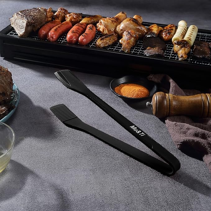 Mu&Ti Silicone Kitchen Tongs 11 Inch Spatula Silicone Toast Tongs Salad Tongs for Cooking Salad BBQ Serving Toast Grilling Locking Frying Baking Steak(Black)