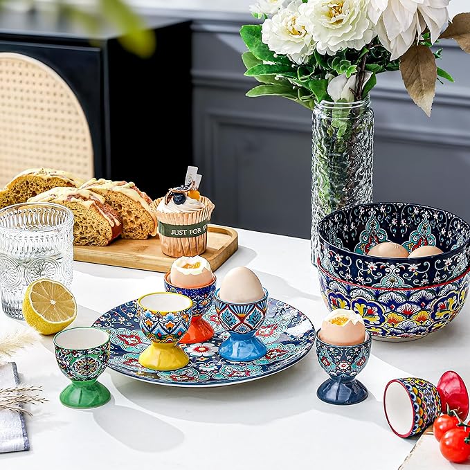 HENXFEN LEAD Boho Ceramic Egg Cups Set of 6 – Colorful Egg Holders for Soft & Hard Boiled Eggs, Microwave & Dishwasher Safe, Perfect for Breakfast & Easter