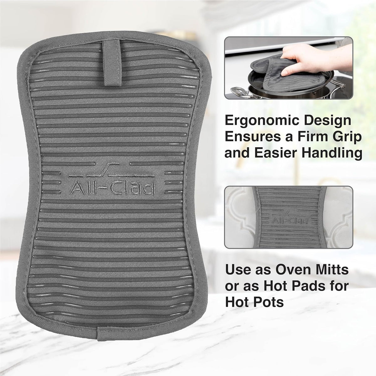All-Clad Premium Pot Holder & Hot Pad: Heat Resistant to 500 Degrees - 100% Cotton, 10""x6.25"" Hot Pad for Kitchen and Barbeque, (1-Pack), Pewter