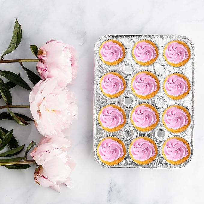PLASTICPRO Aluminum Foil Muffin Pans Reusable and Disposable, Holds 12 Mini Cupcakes/Muffin foil Pan Pack of 50