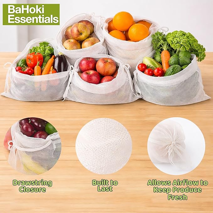 BaHoki Essentials Lightweight Mesh Produce Bags - Reusable, Washable, and Breathable - for Grocery, Fruits, Vegetables, and Home Storage - 5 Pack