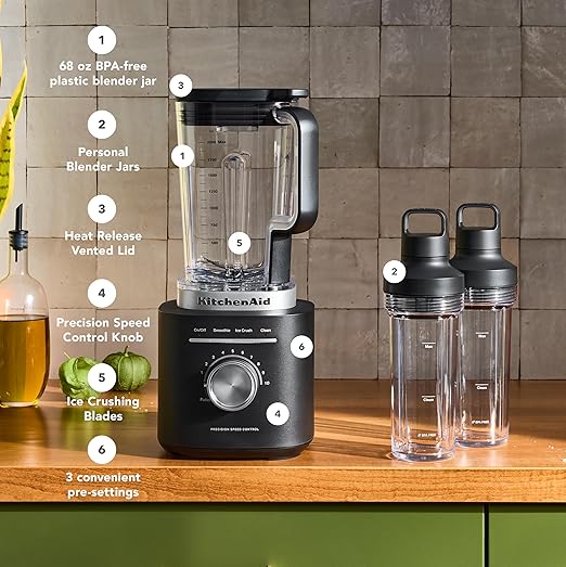 KitchenAid Pure Power Blender with 2 Personal Blending Jars, 1700 Watt Peak Power*, KSB2078, Black Matte