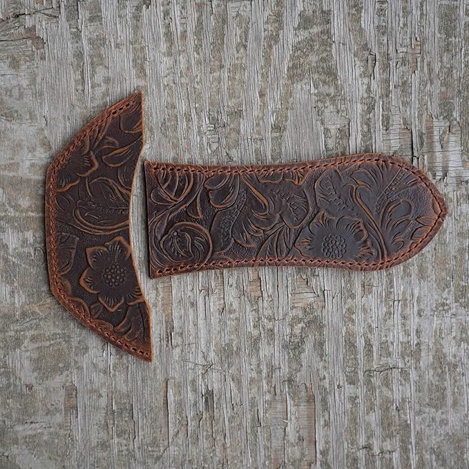 JJNUSA Leather Cast Iron Handle Cover，Skillet Handle Cover, Handmade Full Grain Crazy Horse Leather Handle Protector (2 Pack) Flower Brown