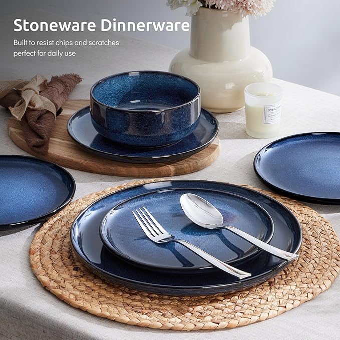E-far Dinnerware Sets for 2, 6-Piece Stoneware Plates and Bowls Set, Ceramic Dishes Reactive Glaze Dinning Ware, Microwave & Dishwasher Safe - Deep Sea Blue