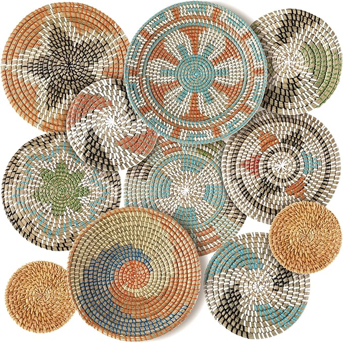 Tatuo 11 Pcs Boho Wall Basket Decor Bulrush Woven Wall Hanging Art Round Farmhouse Rustic Handmade Wicker for Summer Home, Bedroom, Living Room, Kitchen Decorations, Multi Sizes(Farmhouse)