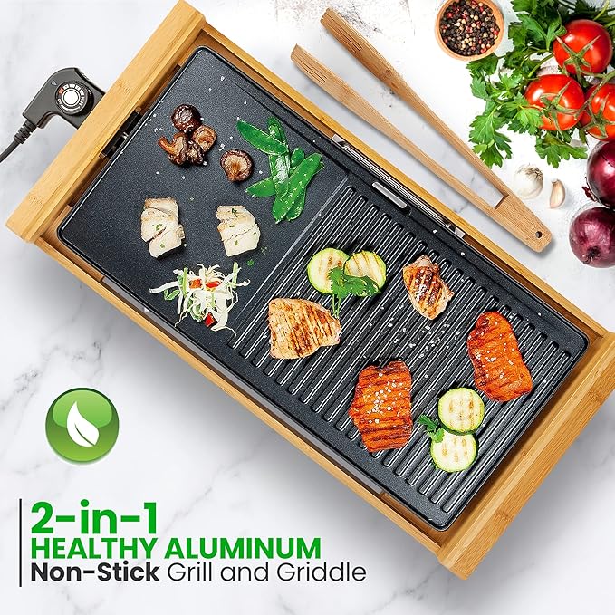 NutriChef Household Smokeless Indoor Grill, Nonstick Electric Grill, Detachable Bamboo, Tempaerature Control, Adjustable Temperature Knob, For Indoor BBQs with no smoke (Black)