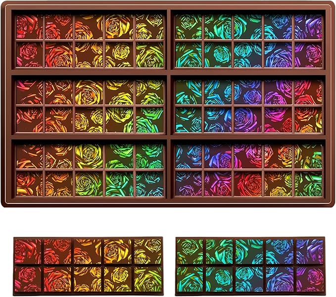 Ziliny Rose Holographic Chocolate Bar Mold Silicone, Rainbow Light Effect Chocolate Bar Deep Thick Molds for DIY Candy Dessert Baking, Candy, Wax Melts, Cake Decoration (Square)