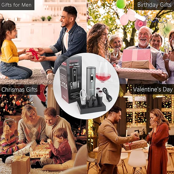 Rechargeable Electric Wine Opener Gift Set – 6-in-1 Automatic Wine Bottle Opener with Foil Cutter, Aerator Pourer, 2 Vacuum Stoppers & Base Stand – Perfect Wine Gift for Wine Lovers