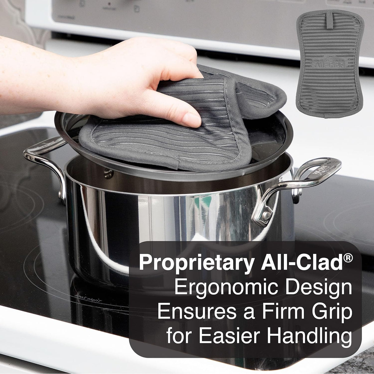 All-Clad Premium Pot Holder & Hot Pad: Heat Resistant to 500 Degrees - 100% Cotton, 10""x6.25"" Hot Pad for Kitchen and Barbeque, (1-Pack), Pewter