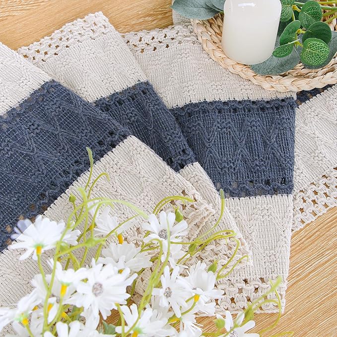 FEXIA Boho Table Runner 90 Inches Long with Tassels Farmhouse Rustic Cream & Blue Macrame for Dining Bedroom Baby Bridal Shower Decor(12x90 Inches)