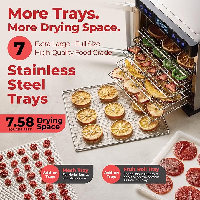 Magic Mill Pro Food Dehydrator Machine | 7 XL Stainless Steel Trays | Dryer for Jerky, Dog Treats, Herb, Meat, Beef, Fruit | Keep Warm Function, Digital Timer and Temperature Control, ETL Approved
