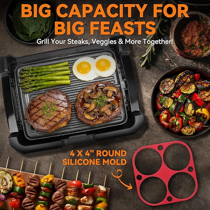 Baker’s Friend Indoor Searing Grill & Griddle, Electric Griddle with 2 in 1 Indoor Grill and Griddle Plate Indoor Grill with Removable Plate & Lid, Silicone Mold, Dishwasher Safe, Graphite