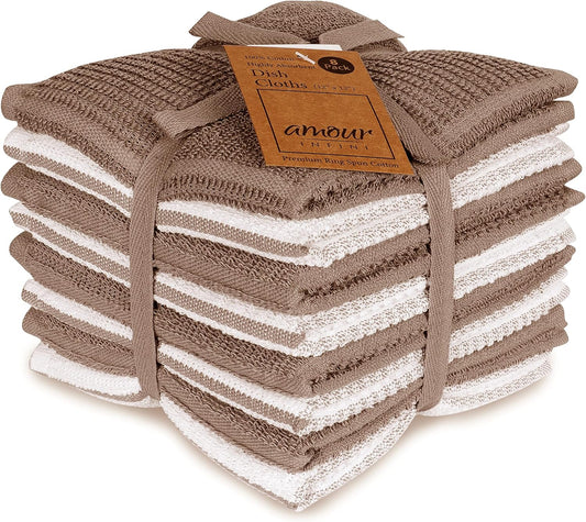 AMOUR INFINI Dish Cloths for Washing Dishes Set of 8 - Highly Absorbent, Super Soft Kitchen Dishcloths - Reusable Quick Dry Dish Rags for Cleaning & Drying Kitchen Linens (12x12 Inch - Brown)