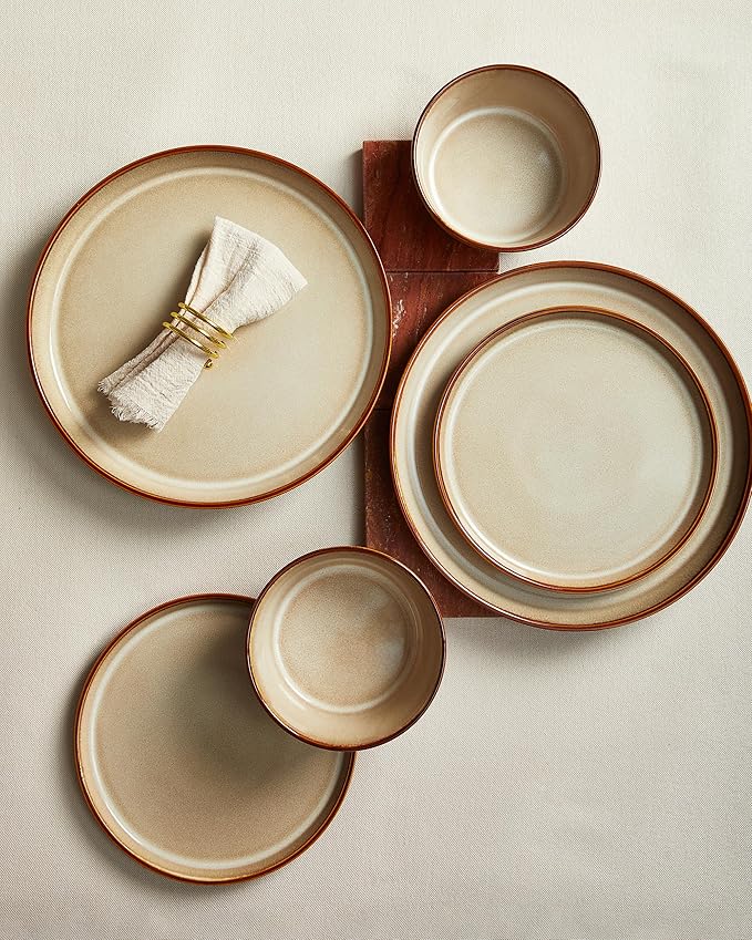 Pokini Dinnerware Set for 6, Ceramic Dish Sets, Plate and Bowl Set, Microwave & Dishwasher Safe Dishware Set, Chip & Scratch Resistant Dinner Set, Each Piece Unique, Amber Brown