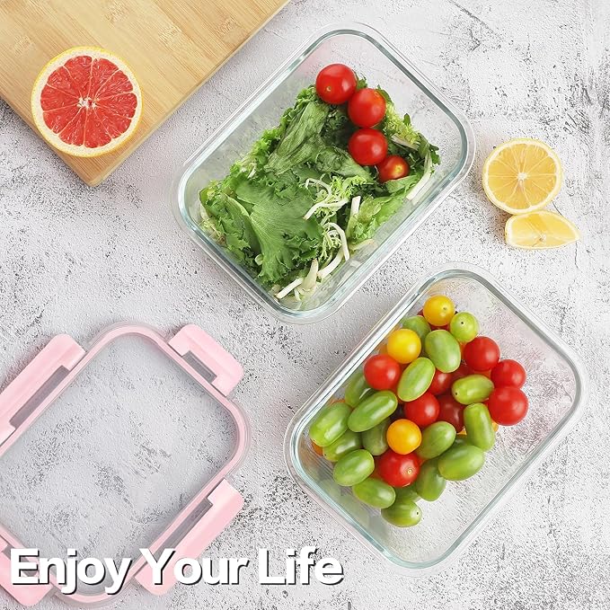 8 Pack 36oz Large Glass Meal Prep Containers with lids, Glass Food Storage Containers with Leak Proof Snap Lock Lids , Airtight Bento lunch Boxes, Kitchen Storage, Oven and Dishwasher Safe-Pink
