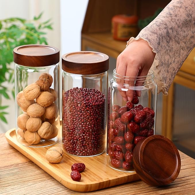 40.5 fl.oz -3 pack Glass Jars with screw Acacia Lids, Glass Food Storage Containers with Airtight Lids, Glass Container Jar Set for Coffee, Nut, Candy, Cereal, Sugar, Snacks, Blooming Tea,Spice