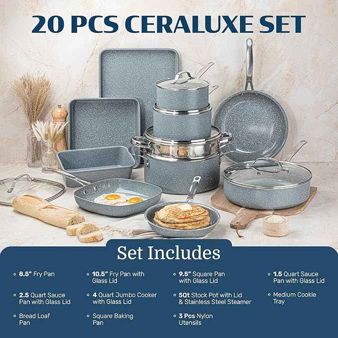 Granitestone Ceraluxe 20 Pc Ceramic Cookware Set Nonstick, Complete Pots and Pans Set Non Stick for Kitchen with Bakeware, Utensils & Steamer, Non Toxic Made Without PFOA PFOS, Oven & Dishwasher Safe