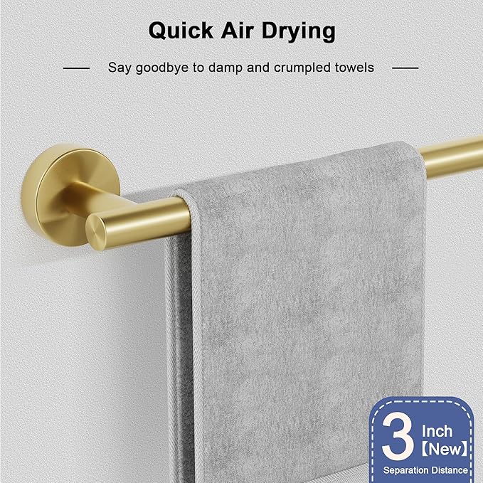 Brushed Gold Towel Bar, 24 Inch Towel Racks for Bathroom Wall Mounted, SUS304 Stainless Steel Bathroom Towel Holder, Total Length 26.4 Inch Towel Bars